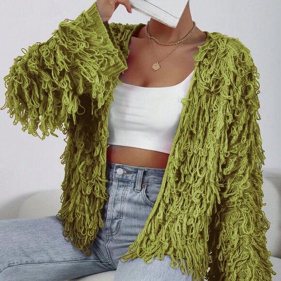 Olive Green Casual Women's Open Front fringe knit sweater Cardigan - Picture 3 of 7